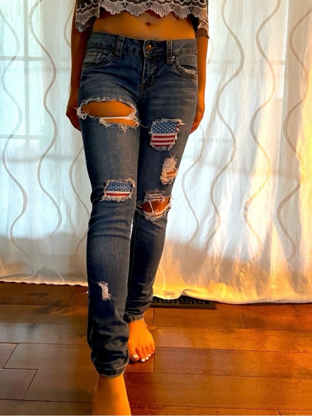 Women's Dark Blue Distressed Skinny Jeans with Flag Patch Details